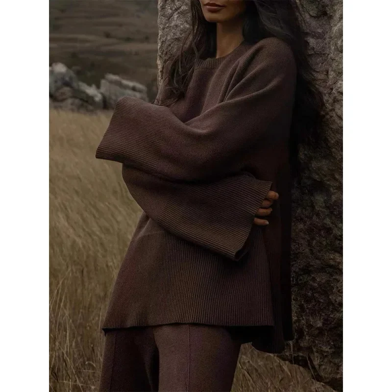 Вязаный свитер с расклешенными рукавами комплект длинных брюк свободный брюки