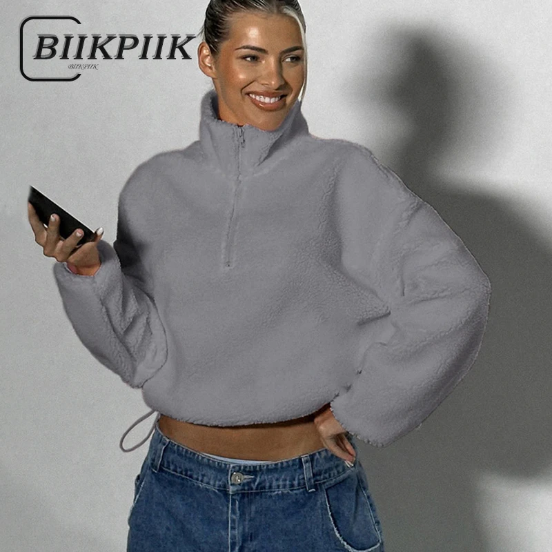 

BIIKPIIK повседневные женские короткие толстовки на молнии Базовая серая водолазка на шнуровке с длинным рукавом Пуловеры для осени и зимы универсальные