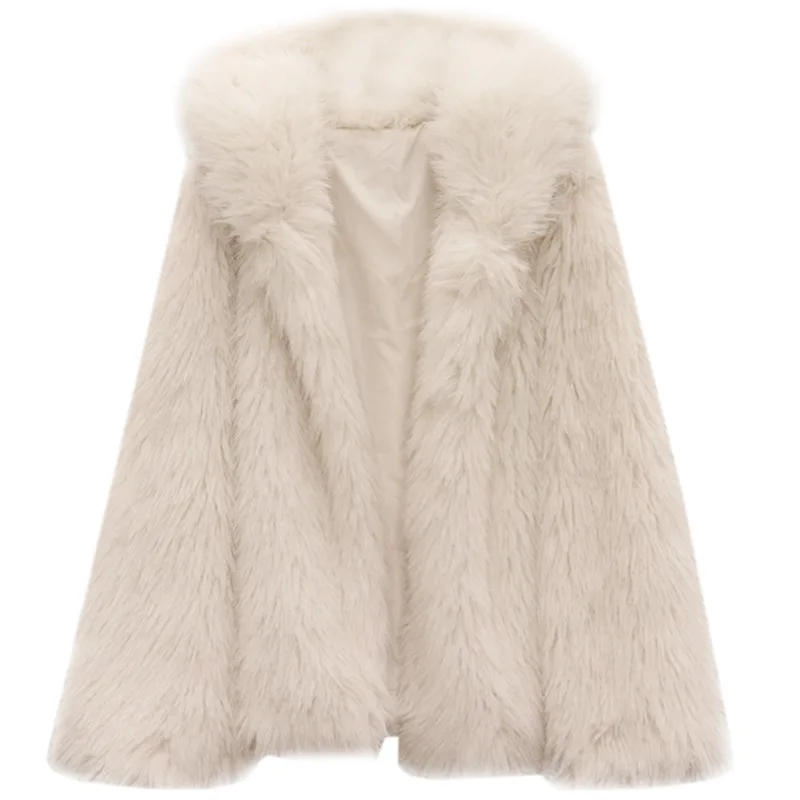 HOUZHOU Faux Fur Coat Women Winter 2022 Luxury Fluffy Coat Korean Hooded Loose Faux Fox Fur Cardigan Overcoat Female High Street