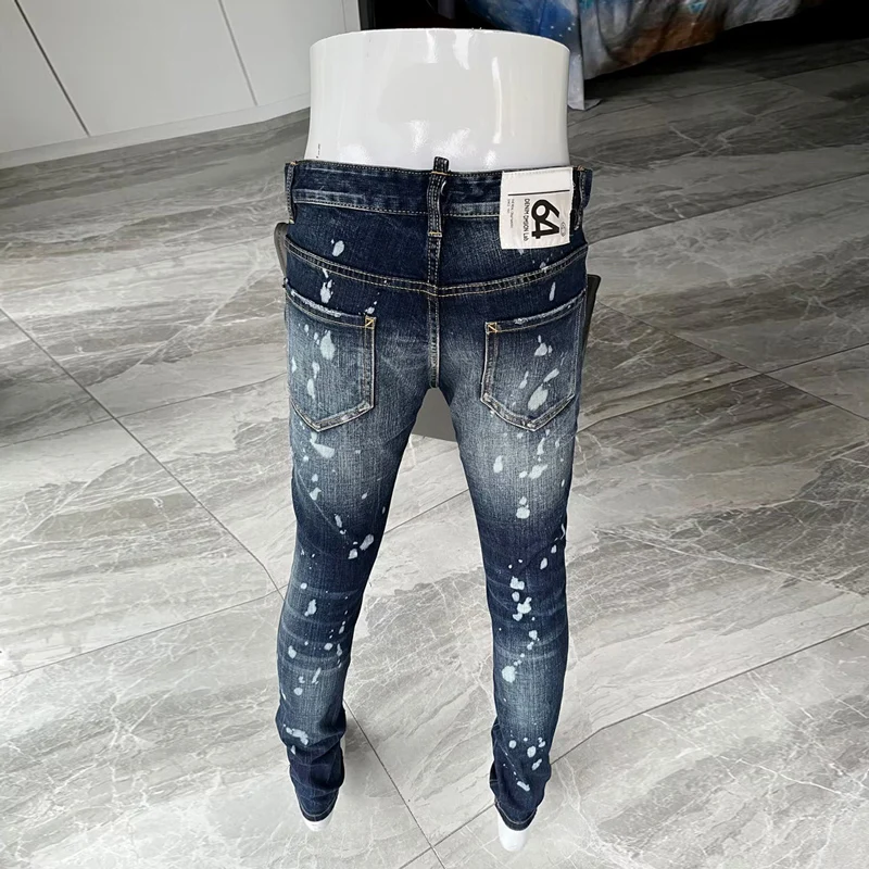 Street Fashion Men Jeans Retro Blue Elastic Slim Ripped Jeans Men Patched Trousers Painted Designer Hip Hop Brand Pants Hombre