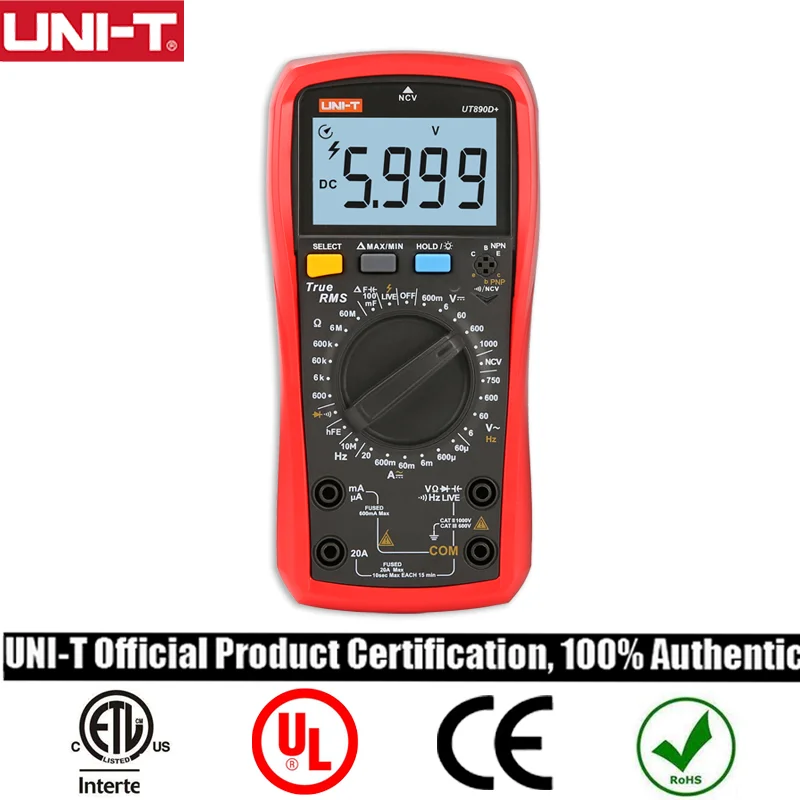 

UNI-T Digital Multimeter UT890C UT890D+ 6000 Counts Current AC DC V Capacitance Resistance Tester True RMS LCD Display NCV