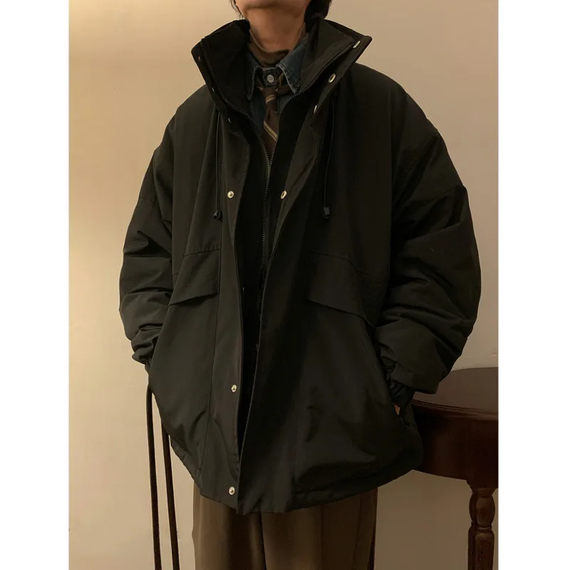 Winter Jacket Men Warm Fashion Apricot Black Thick Jacket Men Streetwear Korean Loose Thicken Short Coat Mens Parker Clothes