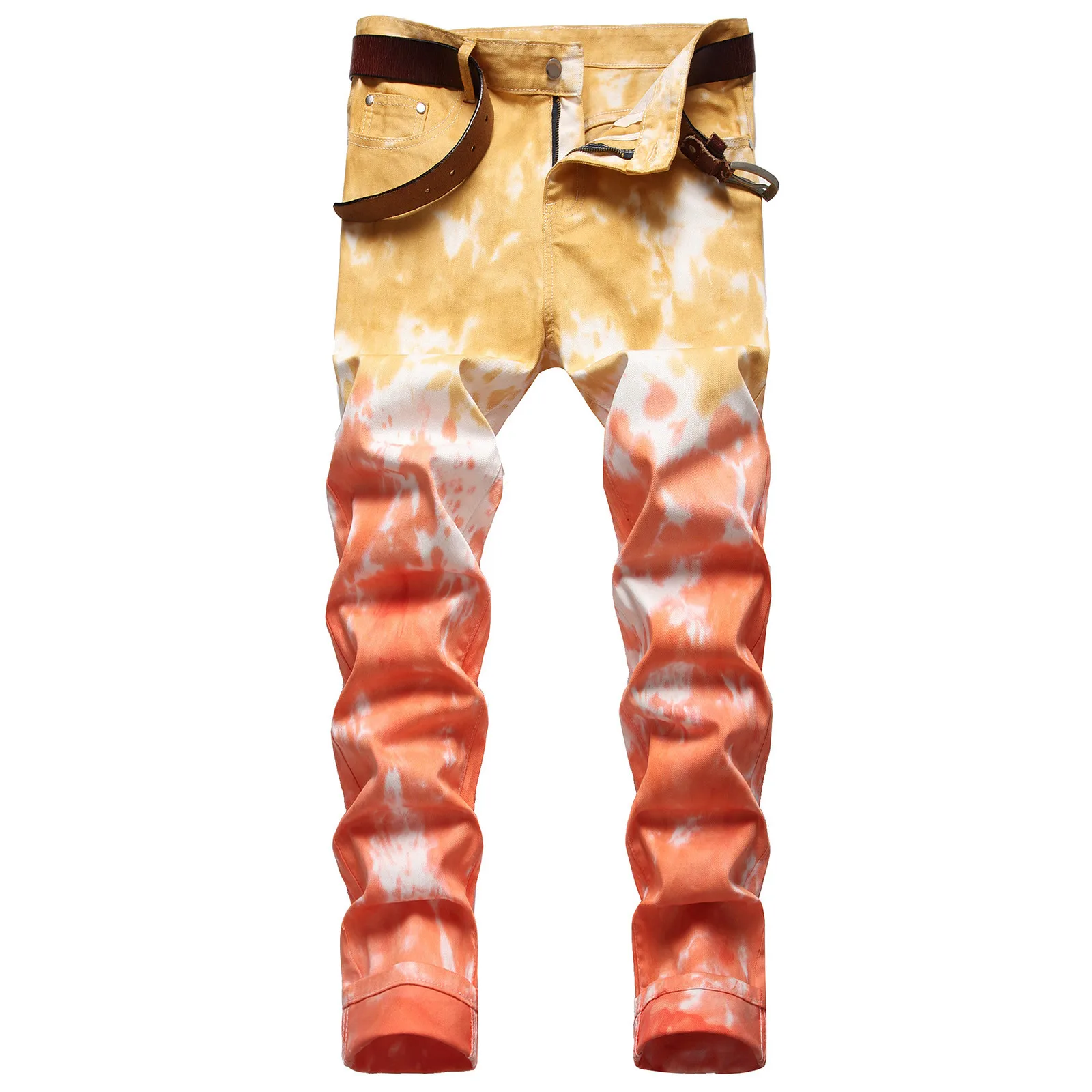 

Male Casual Mid Waist Tight Jeans Pant Gradient Printed Zipper Fly Pocket Pencil Pant Trousers