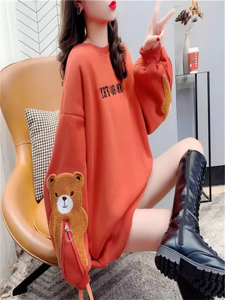 

2022NEW 2022 Kawaii Teen Girl Yellow Long Sweatshirt Korean Cute Bear Embroidery Women Long Sleeve Orange Loose Sweatshirt Tops