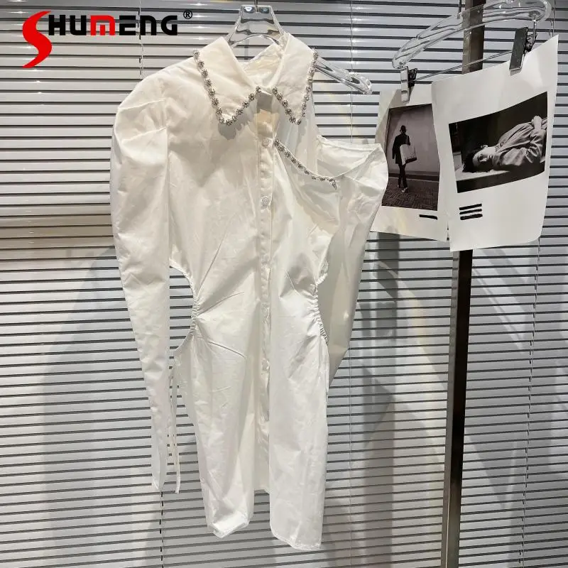 

Long Sleeve Women's White Dress 2022 Spring New Rhinestone Edge Hollow Shoulder Sexy Waist Trimming Mid-length Shirt Dress
