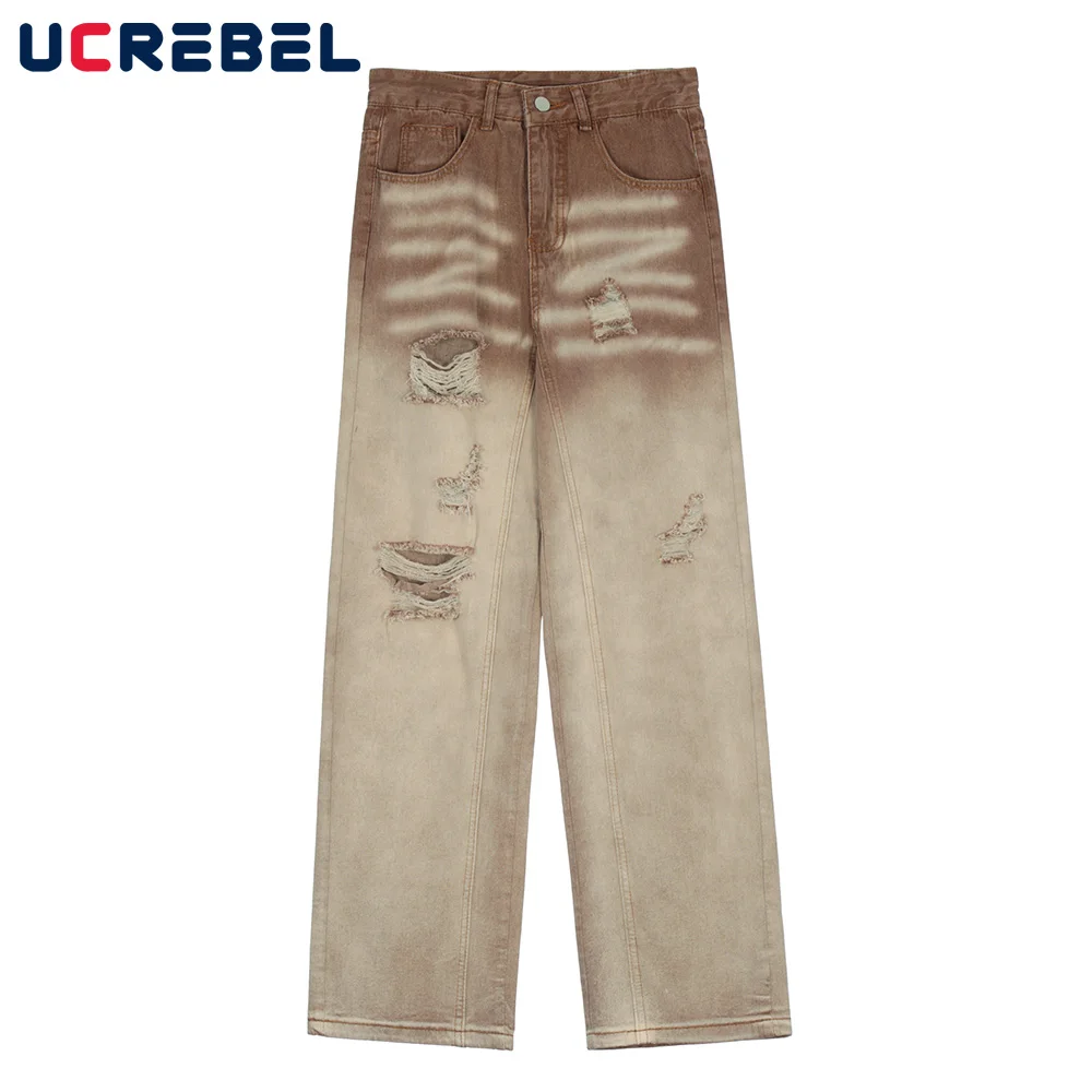 

Gradient Dyed Denim Pants Mens Streetwear Ripped Hole Straight-leg Pants High Street Baggy Jeans Men Casual Pants