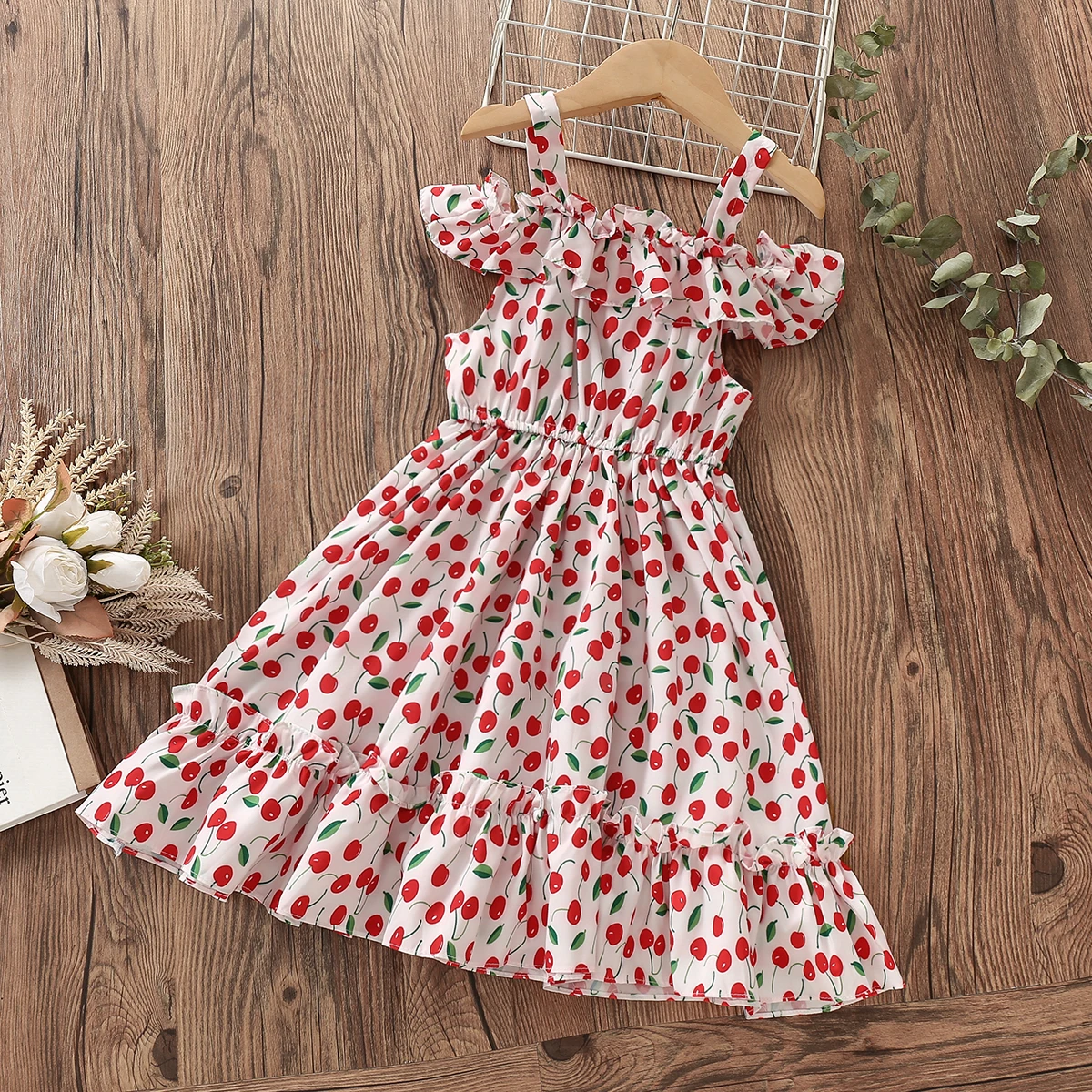 

Summer Kids Dresses for Girl Costumes Baby Sleeveless Cute Cherry Print Vest Dress Children Party Clothes 4 6 8 9 10 12 13 Years