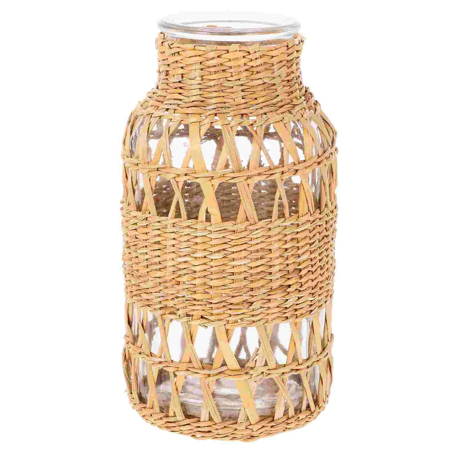 

Woven Rattan Vase Glass Vase Decorative Flower Vase Office Rattan Craft Bottle Ornament