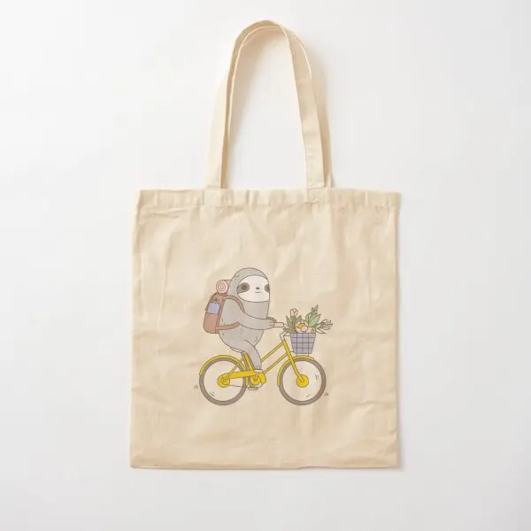 

Biking Sloth Cotton Canvas Bag Women Shopper Grocery Handbag Printed Casual Fabric Tote Travel Ladies Reusable Shoulder Bag