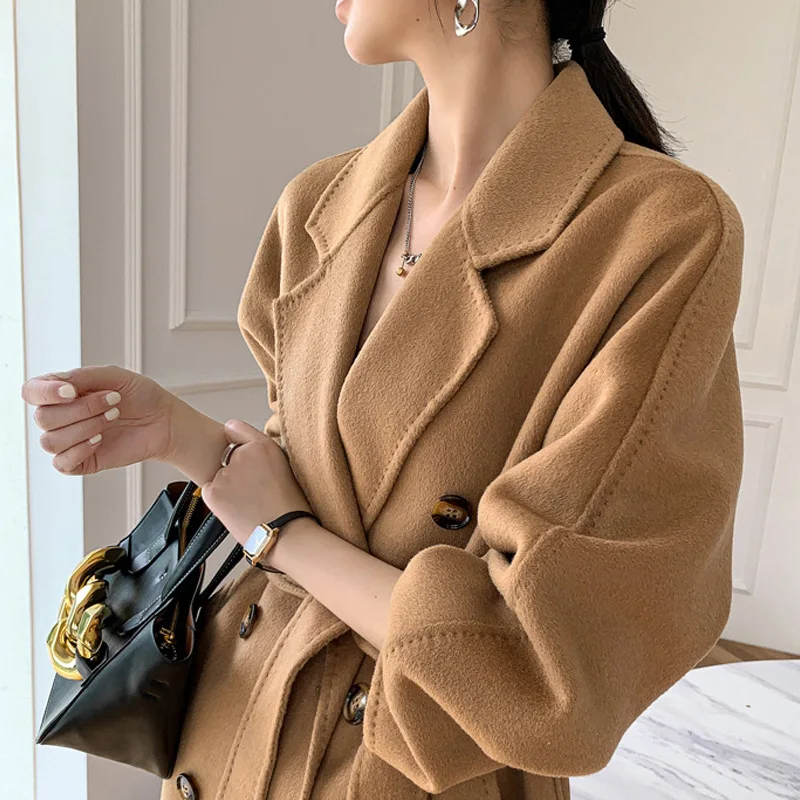 

Double-sided cashmere coat women's mid-length cocoon looks thin double-breasted wool coat