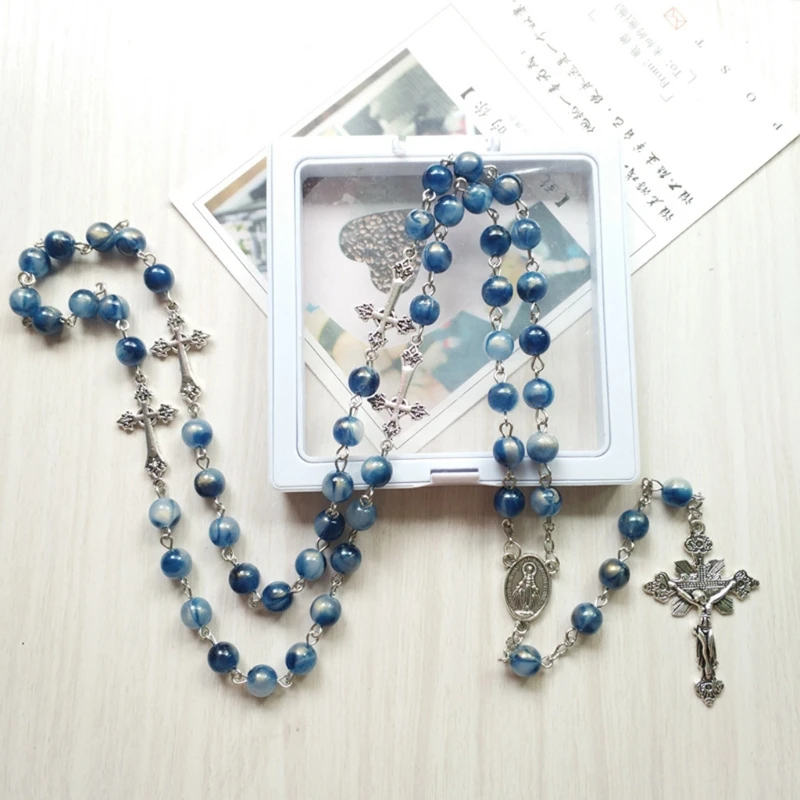 

Blue Acrylic Rosary Necklace Long Cross Pendant Catholic Christian Necklace Religious Jewelry for Men Women Charm Gift N1HF