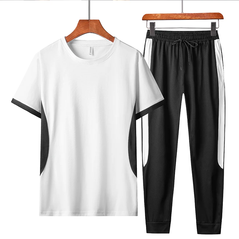 

Костюм спортивный мужской однотонный с коротким рукавом, модная одежда, повседневный уличный костюм, большие размеры, на лето