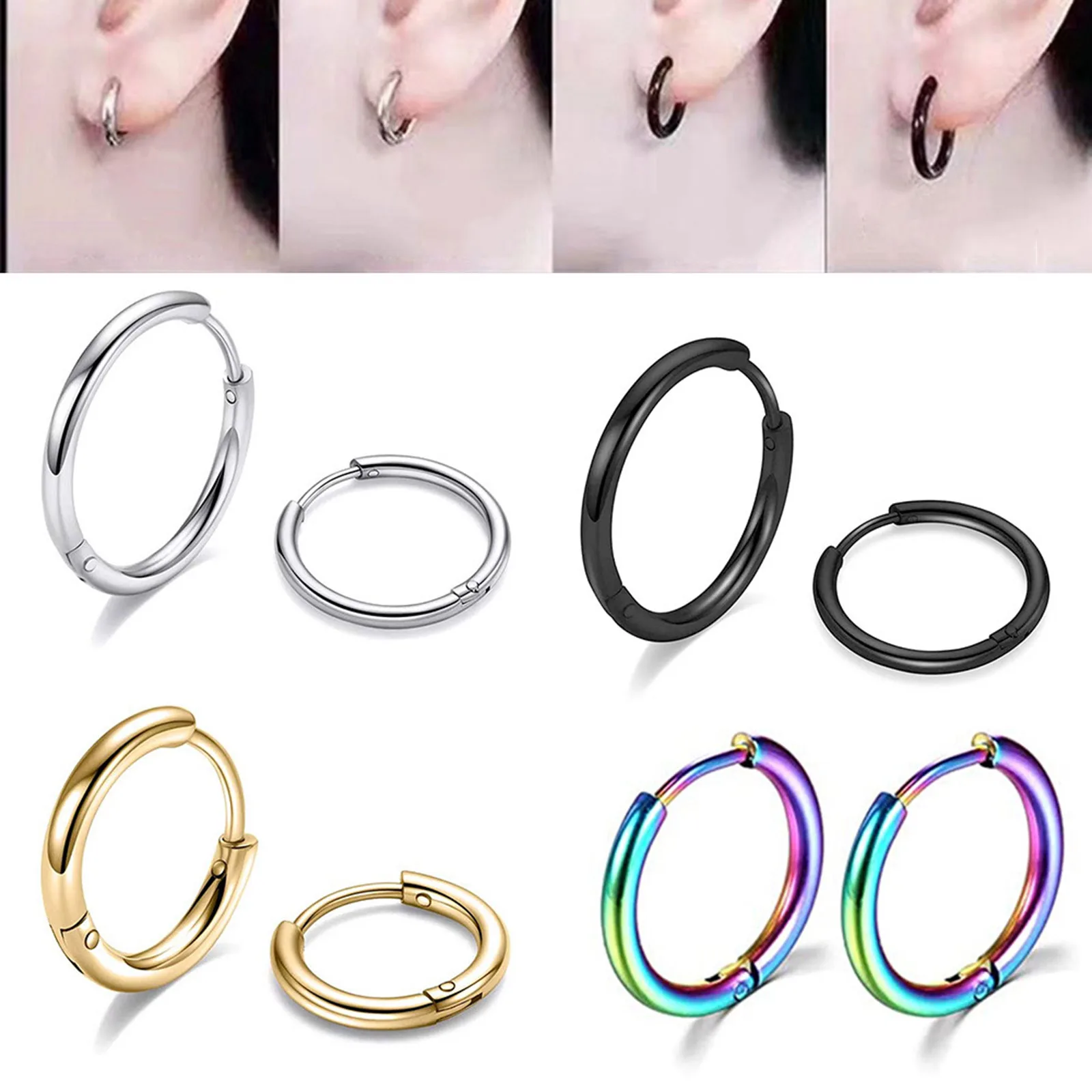 

1Pair Classic Concise Stainless Steel Hoop Circle Earrings For Women Men Jewelry Multicolor Round 12mm -16mm Ear Accessories