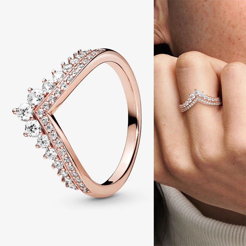 

925 Sterling Silver Pan Ring Rose Gold With Crystal Crown Ring For Women Wedding Party Gift Fashion Jewelry