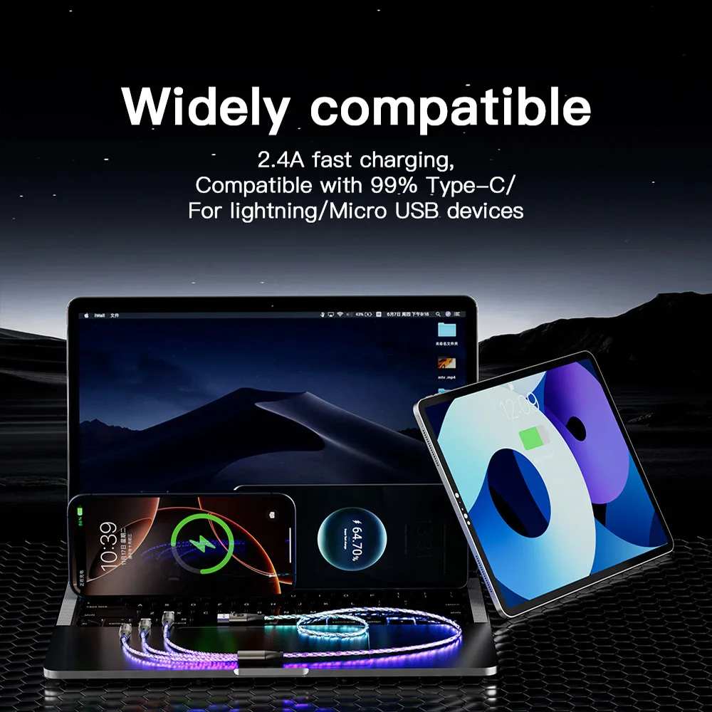 KEYSION USB-кабель 3 в 1, цветной светодиодный RGB-подсветка, градиентный шнур Micro USB Type-C, провод для быстрой зарядки для iPhone, Samsung, Xiaomi, OPPO (art.: 3920cbf1bd66d) - 3920cbf1bd66d