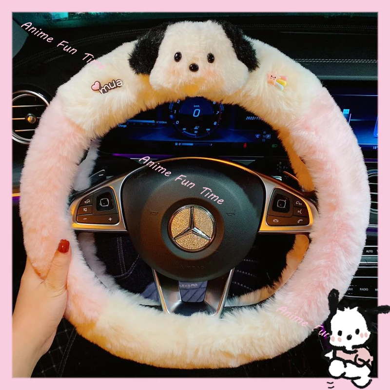 

Kawaii Sanrio Pochacco Plush Steering Wheel Cover Cartoon Puppy Winter Warm Car Handle Cover Women Car Interiors Car Accessories