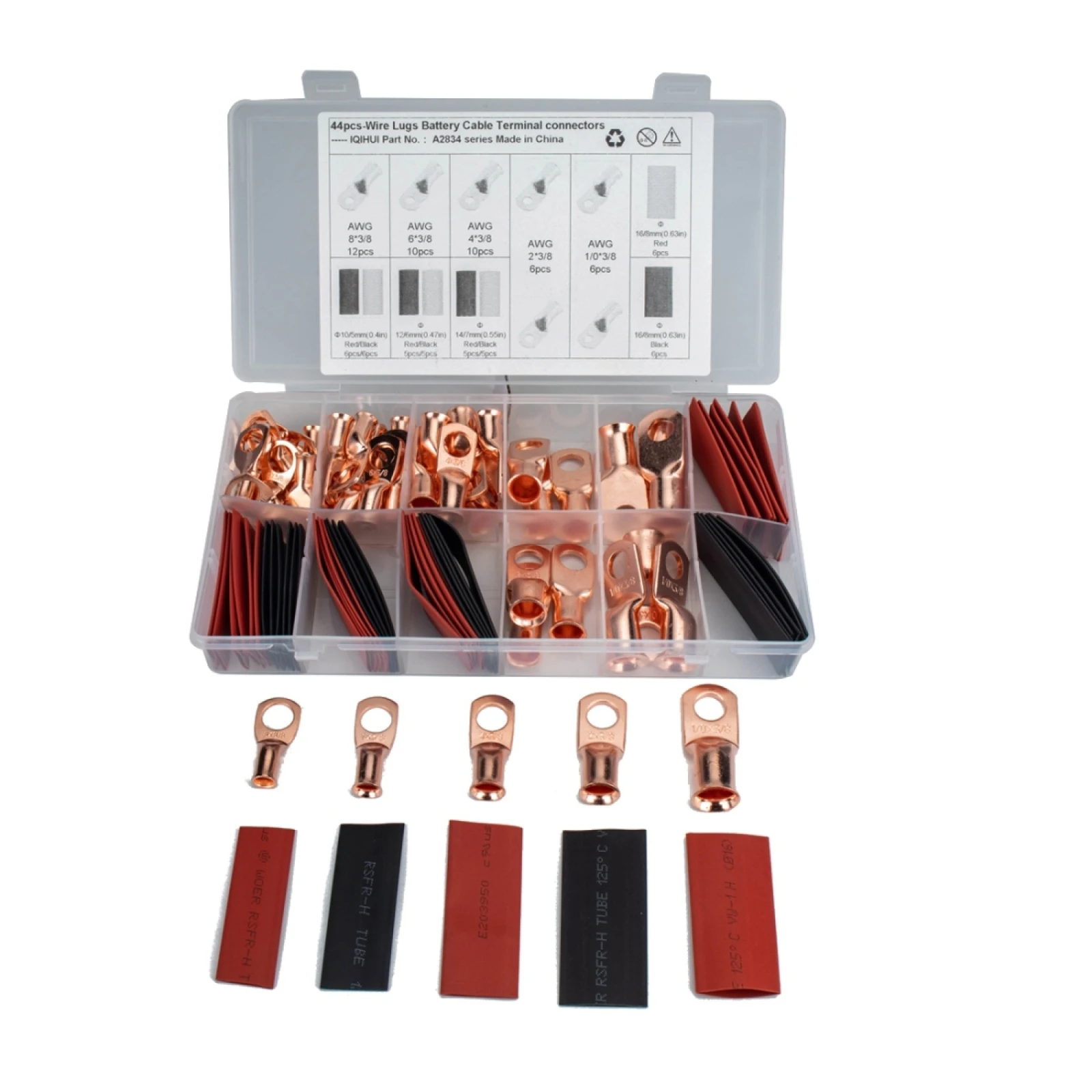 

44 PCS AWG T2 Copper Heavy-duty Cold-pressed Wire Terminals with Heat Shrinkable Tube