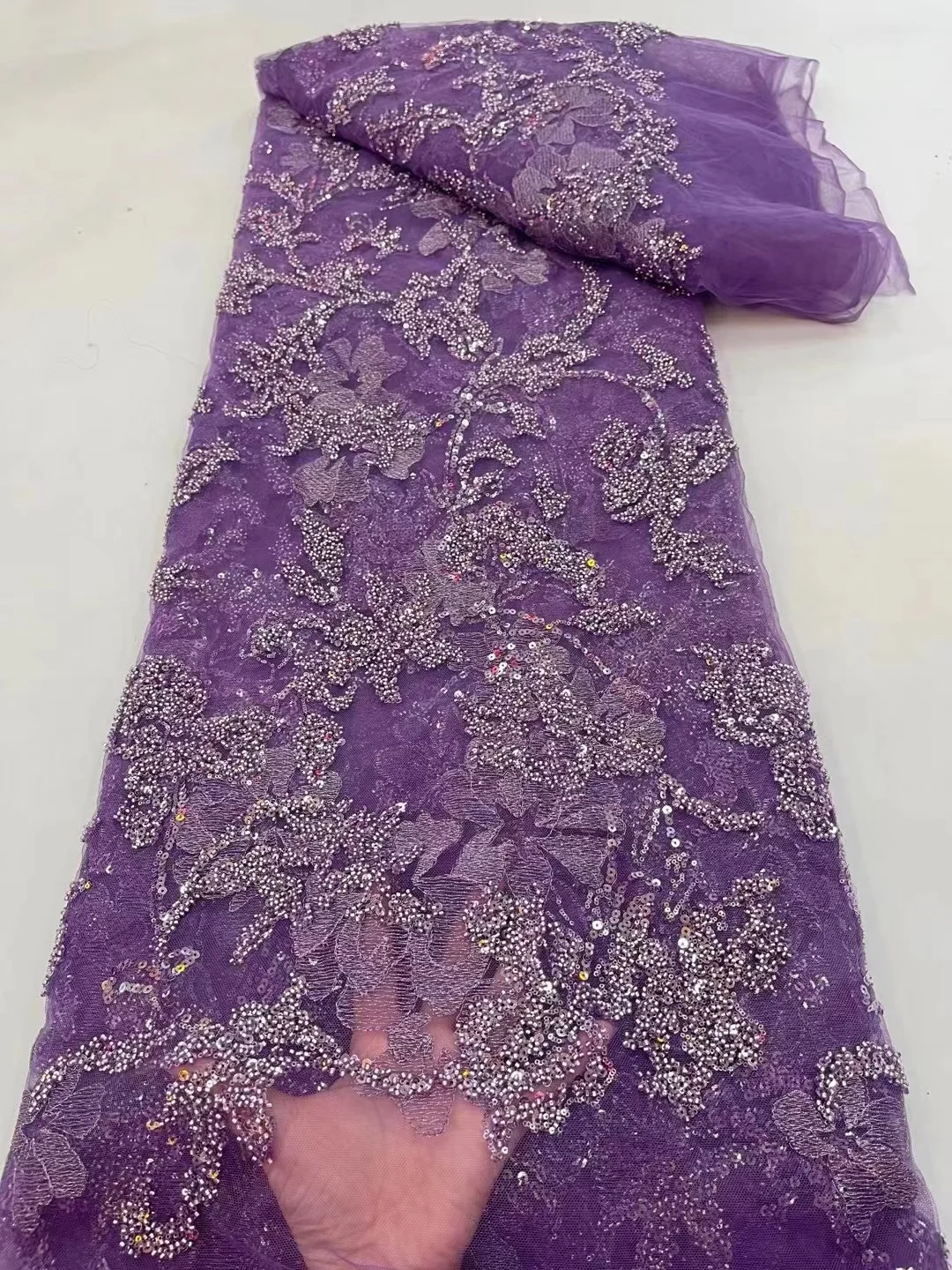 

Purple Luxury Sequins Lace Fabrics High Quality African Beaded Tulle Fabric Embroidery Lace with Pearls for Wedding Dress