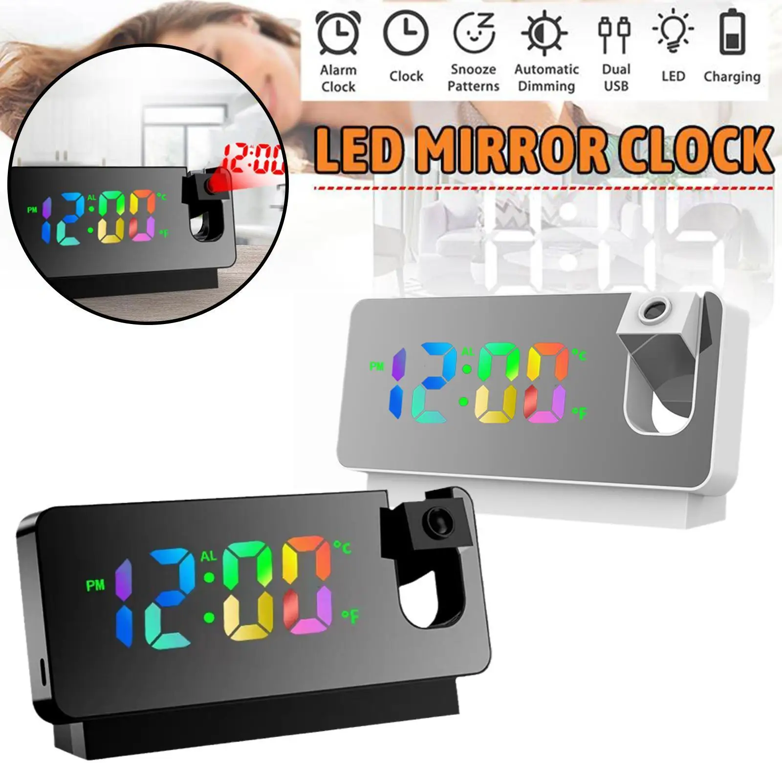 

Led Digital Projection Alarm Clock Electronic Alarm Mute Bedroom Projector Projection Bedside With Clock Clock S6i5