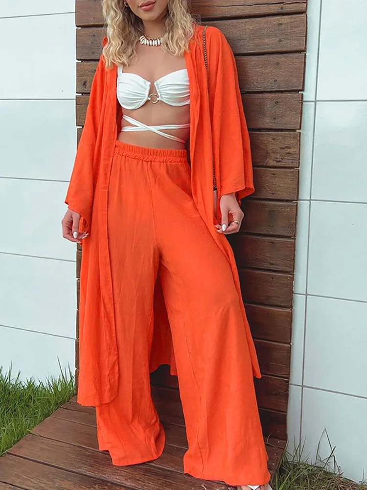 

Long Cardigan Wide Leg Pants Matching Sets Women V Neck High Waist Loose Trousers Outfits Summer Casual Solid Two Pieces Sets