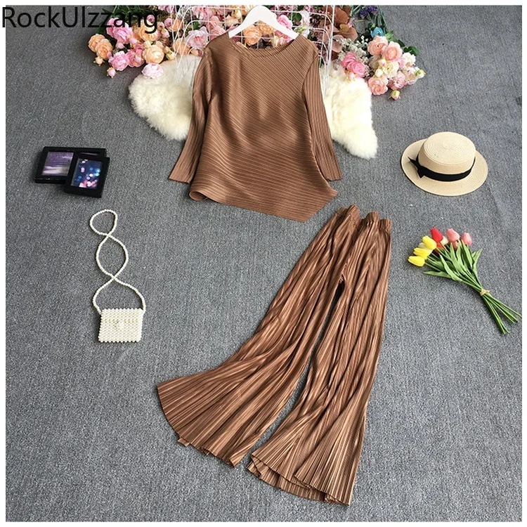 

Long Sleeve irregular Blouse Women Shirts + Wide Leg Pleated Boho Straight Long Pant Suit 2pcs Solid Two Piece Set Fall Casual