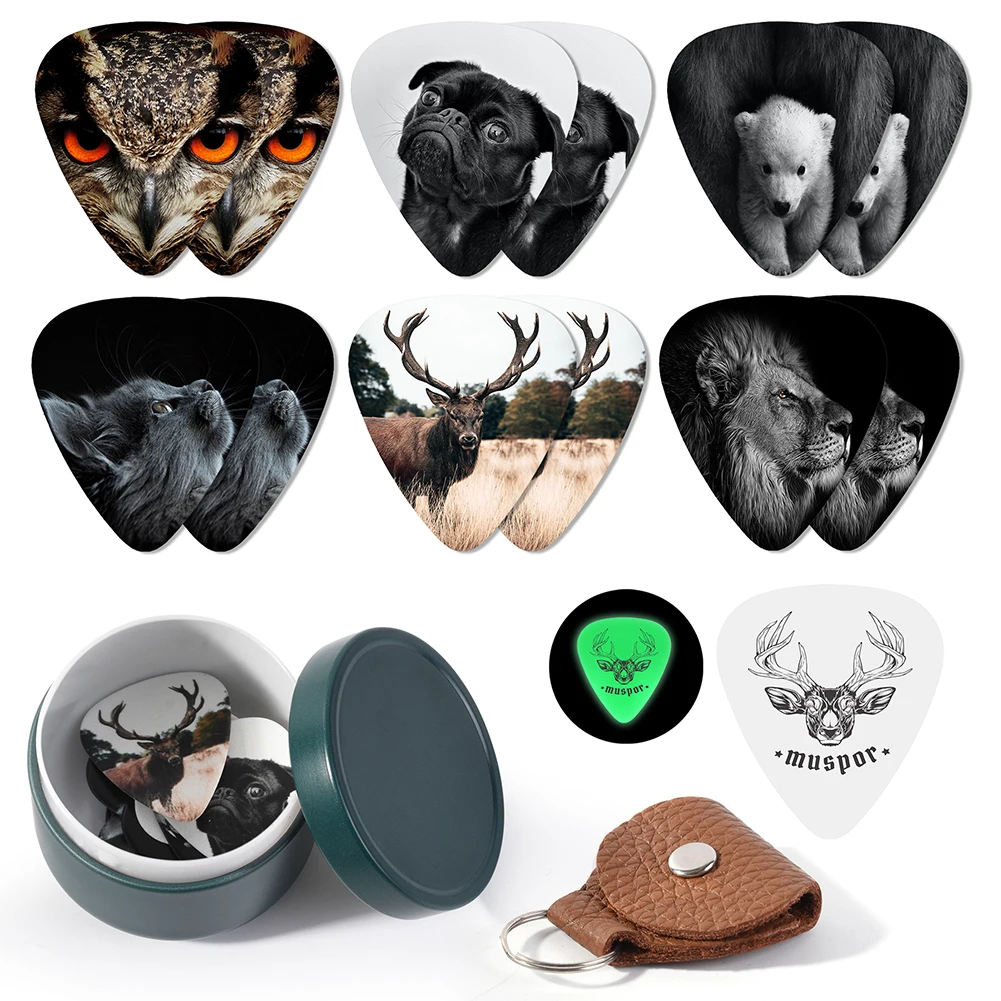 

13pcs Guitar Picks with Leather Picks Holder Tin Box Animal Printed Unique Artistic Celluloid Guitar Plectrum Musical Instrumen