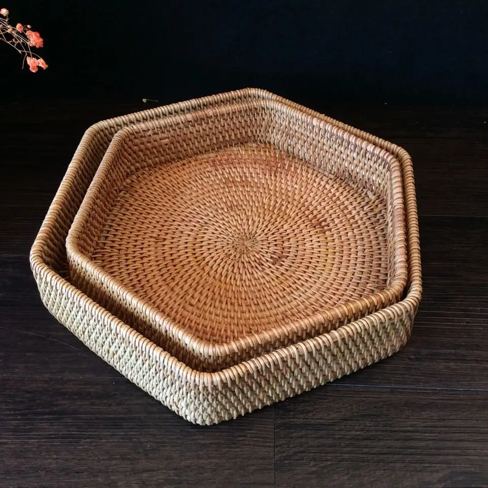 

Kitchen Accessories Autumn Rattan Woven Candy Storage Tray Vegetable Fruit Snacks Dried Fruit Storage Organizers 2-piece Set