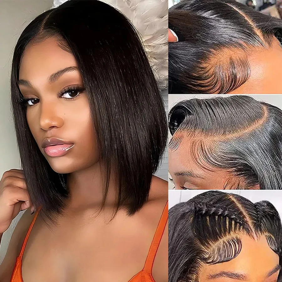 Натуральный цвет прямой короткий боб парики из натуральных волос 13x4 прозрачный