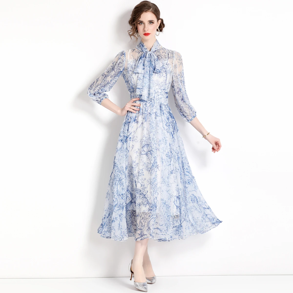 

Женское шифоновое платье с цветочным принтом Merchall, подиумное дизайнерское сине-серое шелковое платье миди с бантом на воротнике, летние шикарные платья M1940