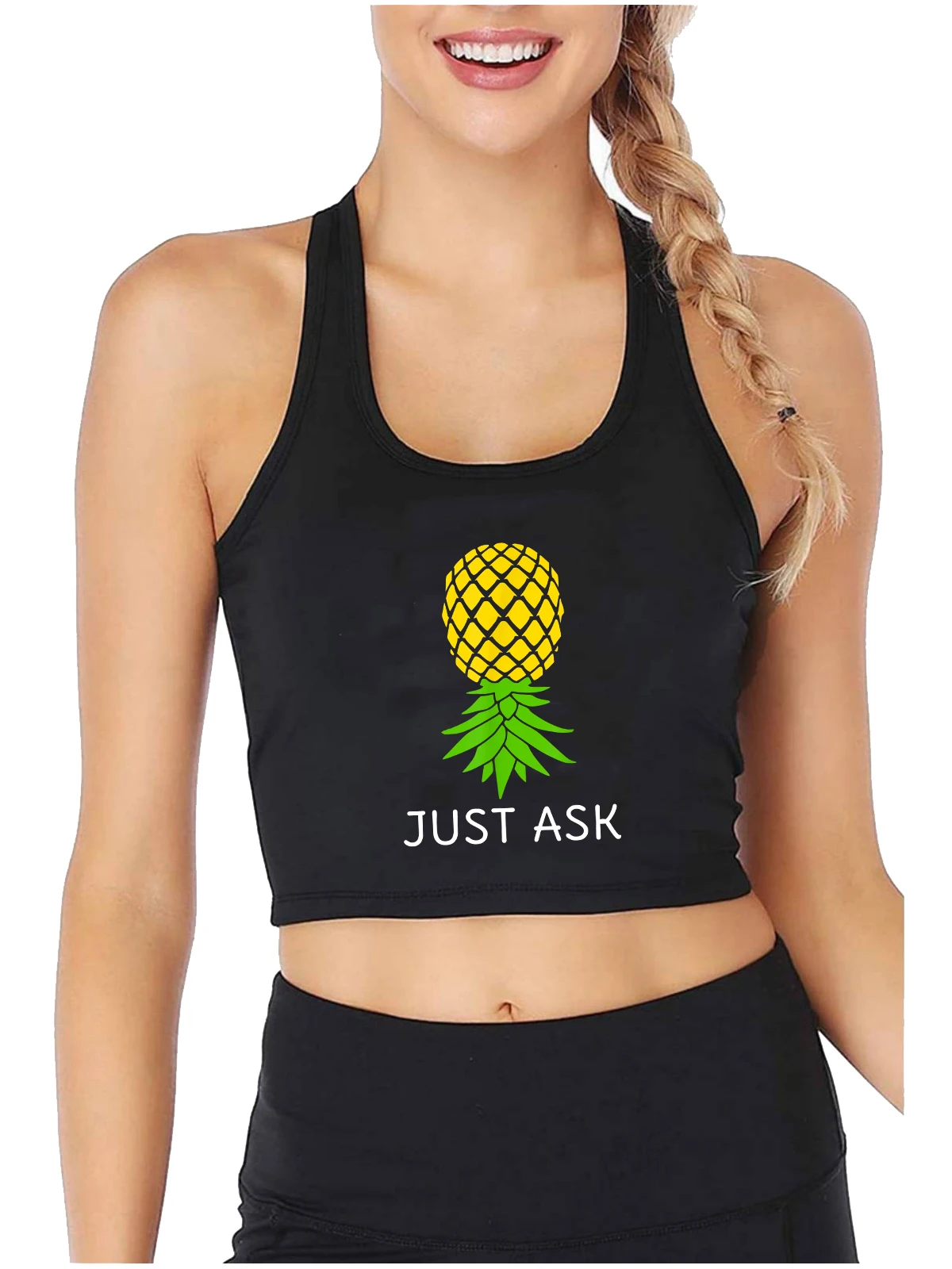 

Upside Down Pineapple Graphics Just Ask Design Crop Top Funny Swinger Flirtation Tank Tops Hotwife Naughty Sexy Slim Camisole
