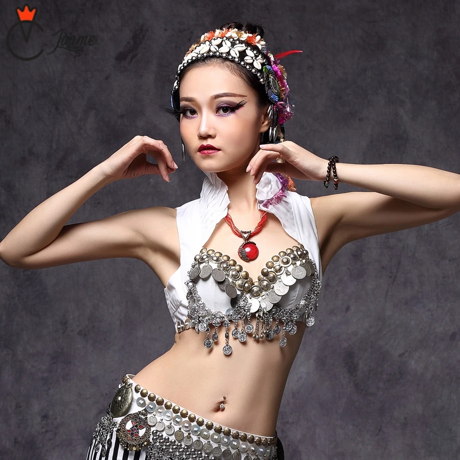 

New 2018 ATS Belly Dance Clothes Tops Metallic Studs Push Up Beads Gypsy Bra B/C CUP Vintage Coins Top Tribal Belly Dance Bra