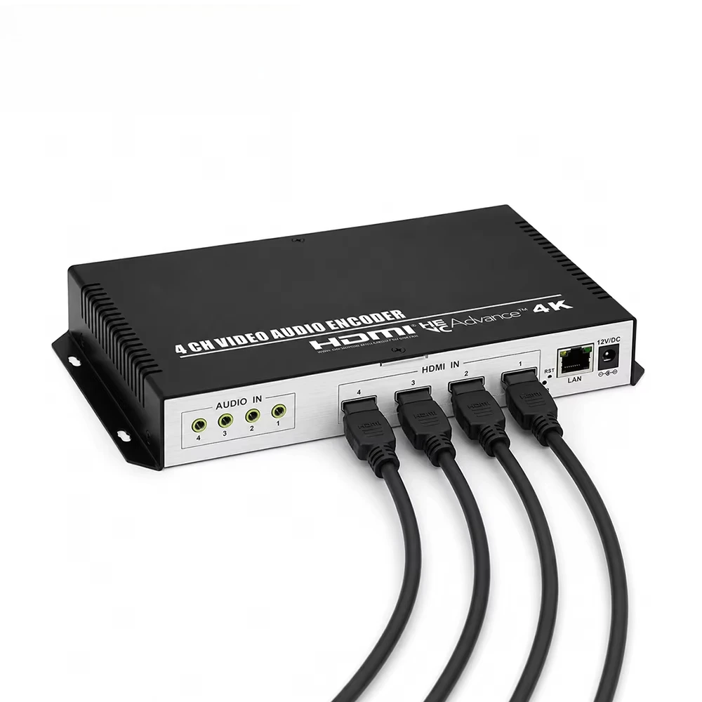 Фото Профессиональный 4-канальный HEVC H.265 HDMI-IP энкодер с поддержкой 4K SRT RTMP RTMPS ONVIF и OLED-экраном для многоплатформенной прямой трансляции. №1