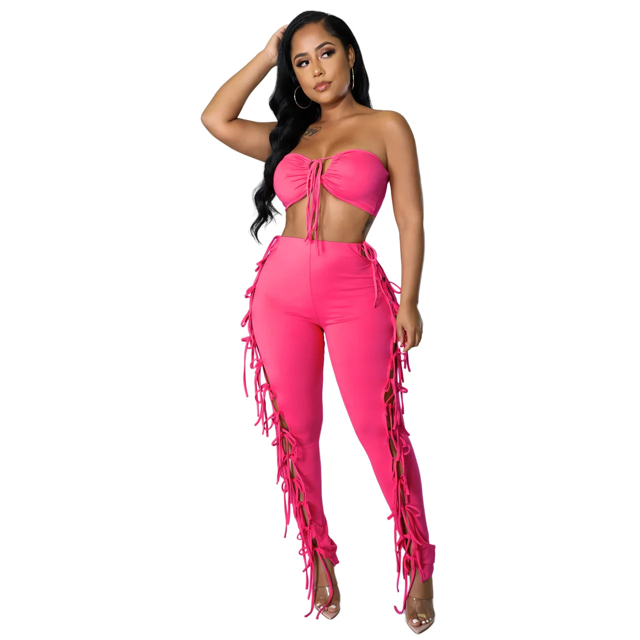 

2022 New Summer Suits Solid Color Wrap Chest Personality Lace Hollow Two-piece Set