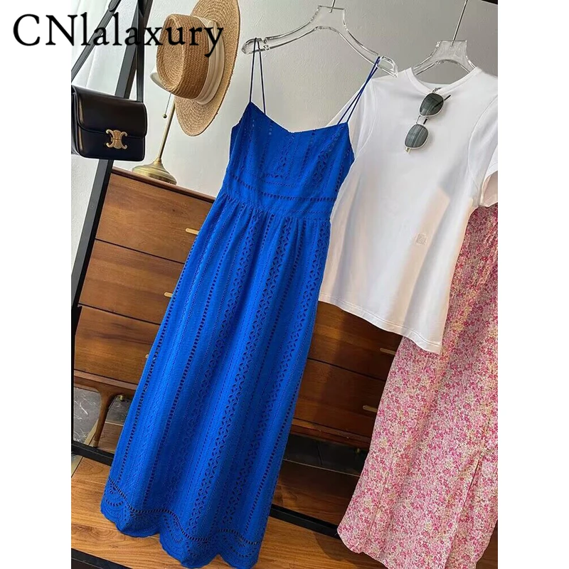 

CNlalaxury 2023 Summer New Fashion Women Hollow Embroidery Suspenders Midi Dresses Solid Elegant Simple Female Chic Sling