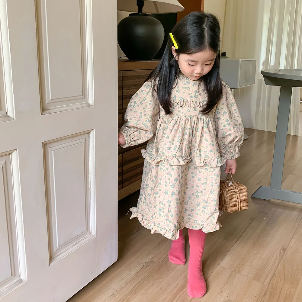 

Детская одежда в Корейском стиле новинка осень 2022 вельветовое платье принцессы с длинными рукавами и цветочным принтом для девочек