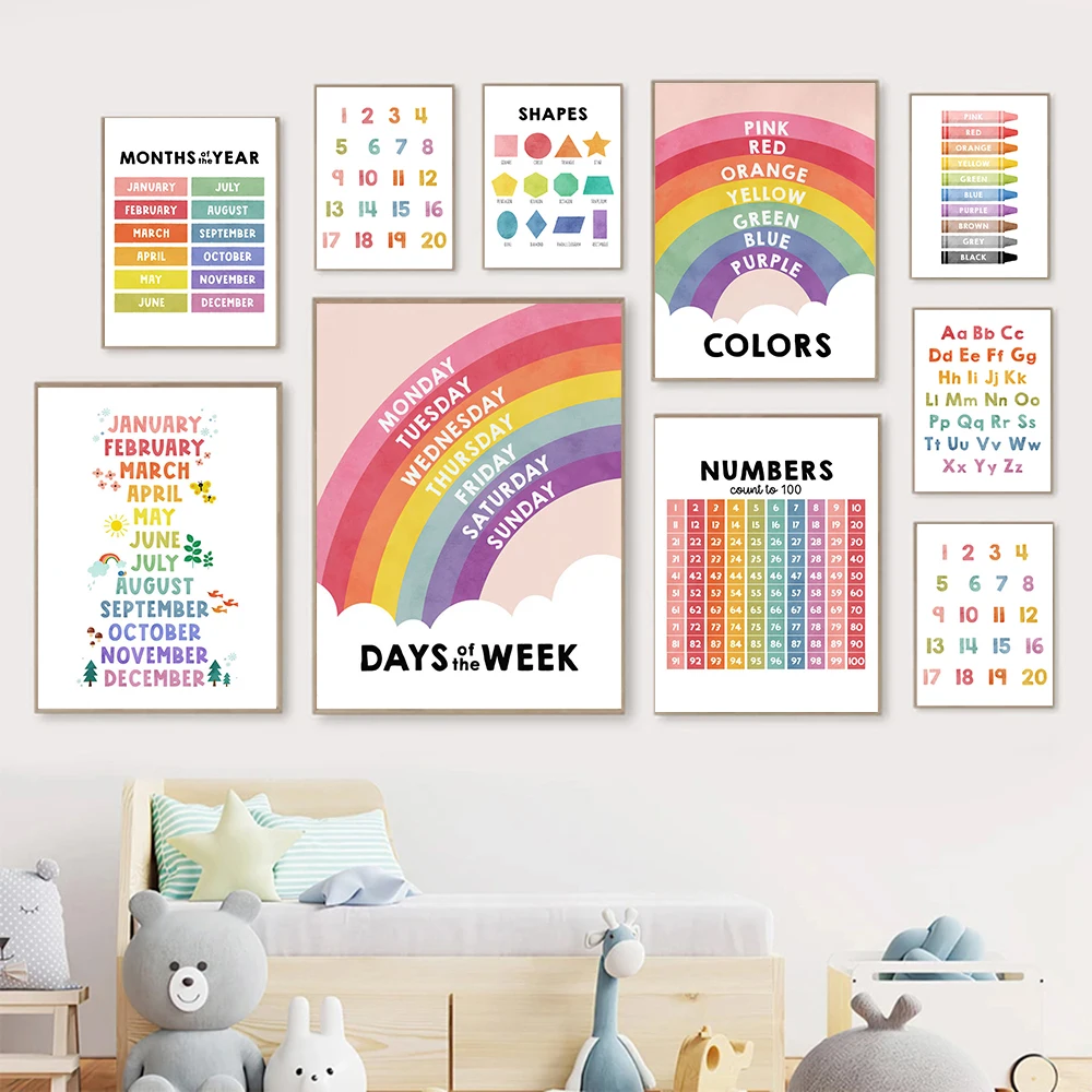 

Alphabet Arabic Nursery Wall Art Pritns Numeral Rainbow Month Shapes Canvas Painting Nordic Posters and Prints Pictures Kid Room