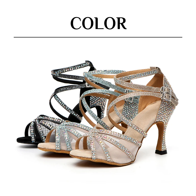 SWDZM Big Size Women Dance Shoes Shining Rhinestones Ballroom Soft Bottom Latin Shoes Woman Girls Salsa Dance Shoes Heel 6-10CM