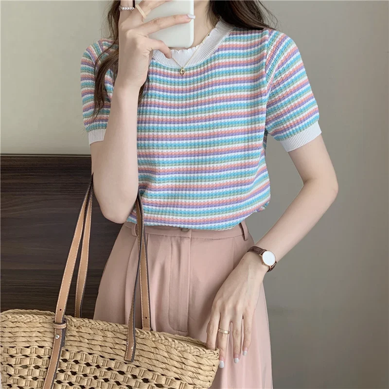 

Женский трикотажный свитер в полоску, шикарный пуловер с коротким рукавом и круглым вырезом, топы в Корейском стиле на лето
