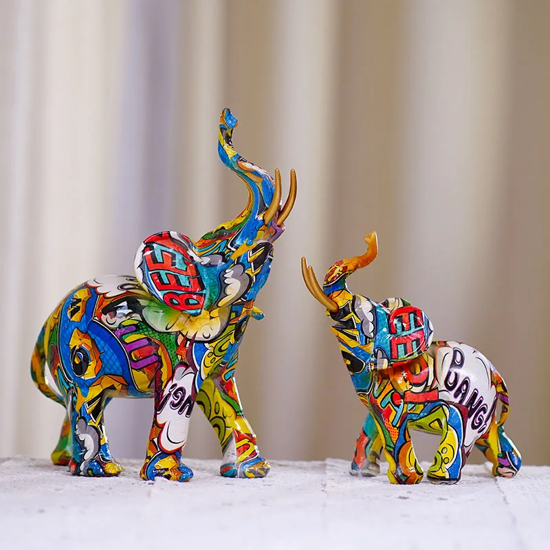 

Resin Elephant Figurines Graffiti Painting Animal Statues Home Bedroom Interior Feng Shui Ornament Decoration Objects