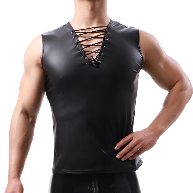 Sexy Men Tank Top Shiny Faux Leather V-neck Lace-up Tank Top Slim Sleeveless  Tight Shirts Vest Metallic Nightclub Stage Clubwear - купить по выгодной  цене | AliExpress