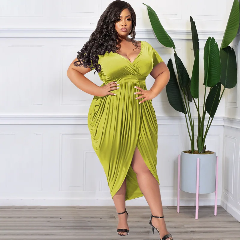 Plus-size Dresses XL-5XL 2022 New Solid Color Deep V Sexy Tight Slit  Women's Dress Plus-size Women's Clothes No Belt