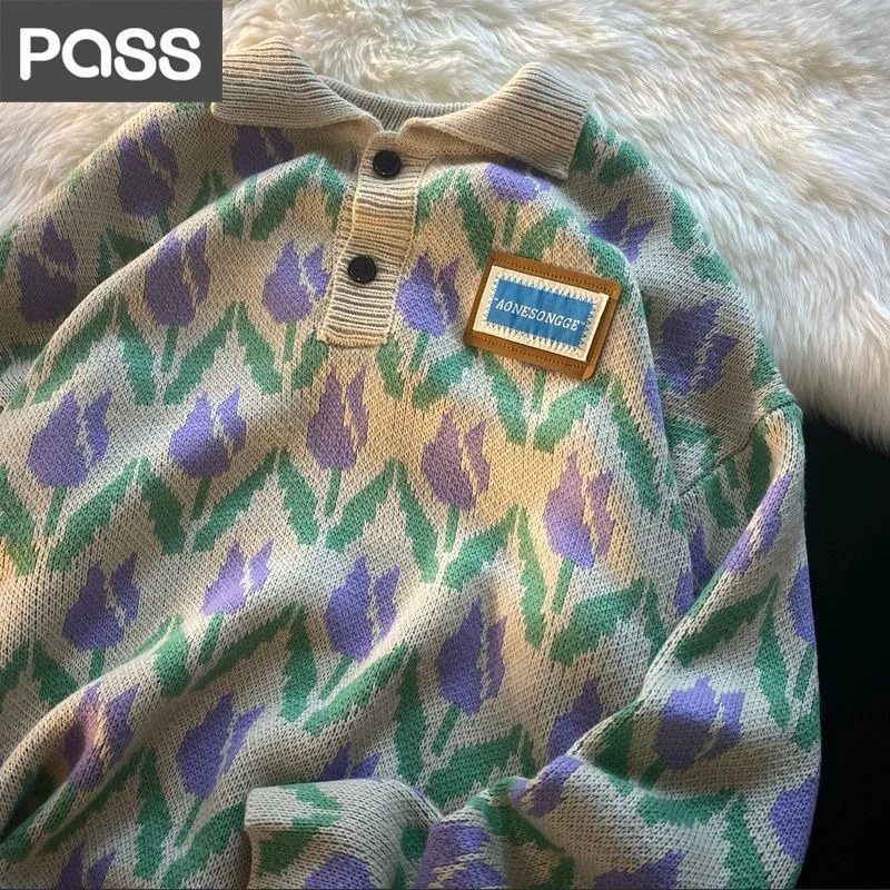 

Женский свитер-поло с цветочной вышивкой, Свободный Повседневный пуловер с цветочной вышивкой, модель Y2K в винтажном стиле, зимняя одежда в ...