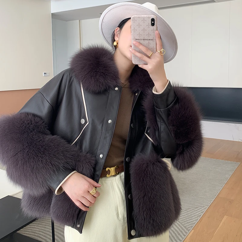 Winter Women Real Leather Jacket Woman Real Fox Fur Coat Genuine Sheepskin Leather Coat Luxury Fashion Streetwear Warm Fur Coat