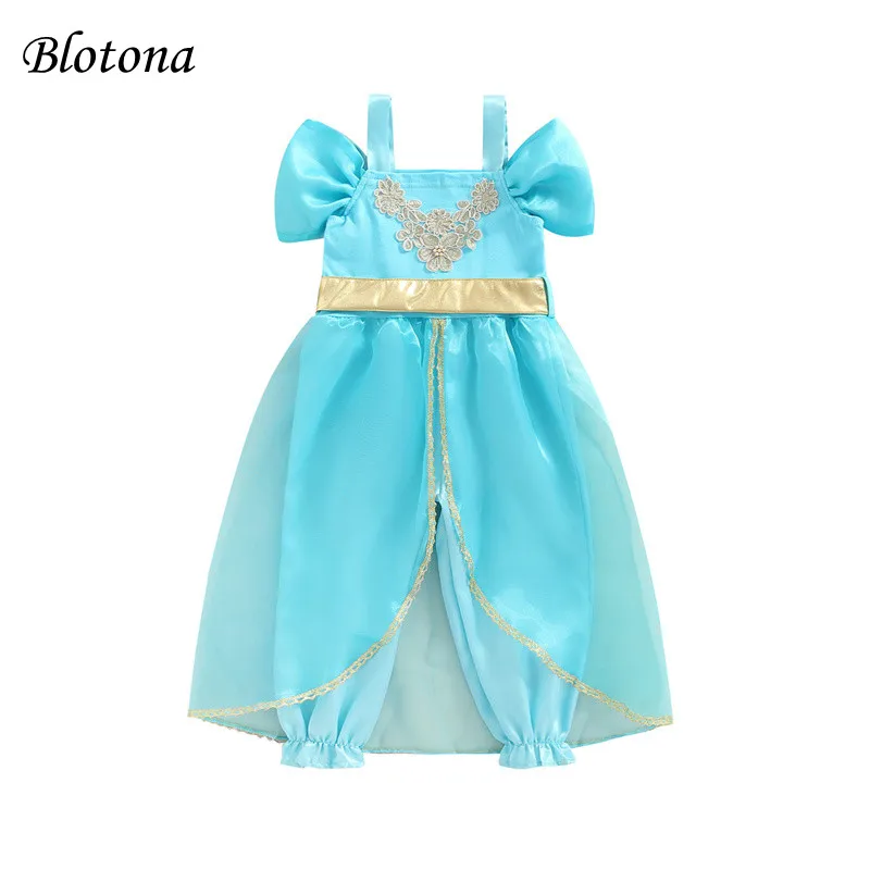 

Blotona Girls Summer Off Shoulder Jumpsuit, Boat Neck Mesh Floral Embroidery Princess Party Cosplay Costume with Belt, 2-7Years
