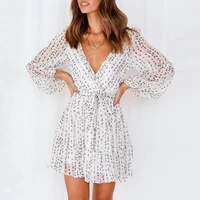 european and american womens dresses 2020 autumn and winter new floral white fashion sexy v neck long sleeved short skirt dress