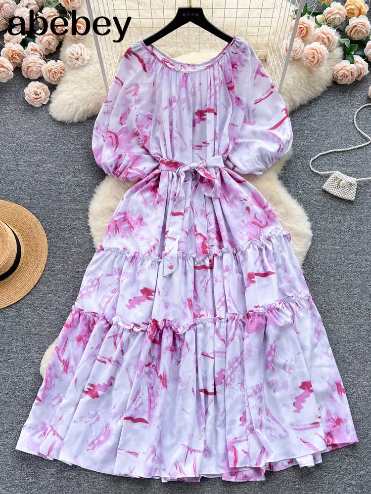

Женское шифоновое платье с принтом, повседневное длинное пляжное платье для отпуска с круглым вырезом, открытой спиной, поясом на резинке и бантом, лето 2023