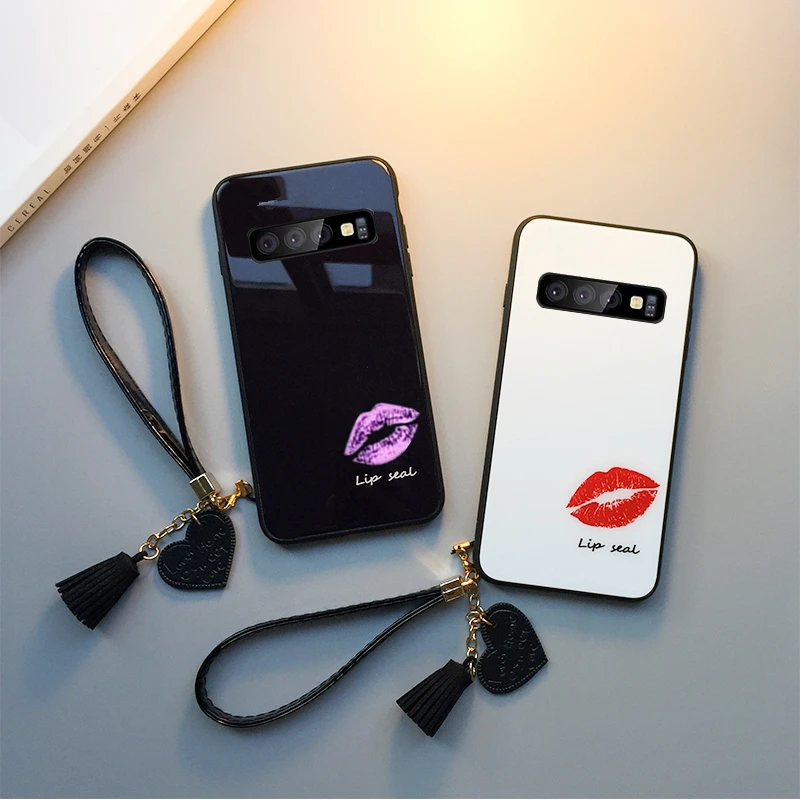 

BONVAN Tempered Glass Case For Samsung Galaxy S8 S9 S10 Plus S10e Red Lips Hard Cover For Samsung Note 8 9 Lanyard Couqe Capa