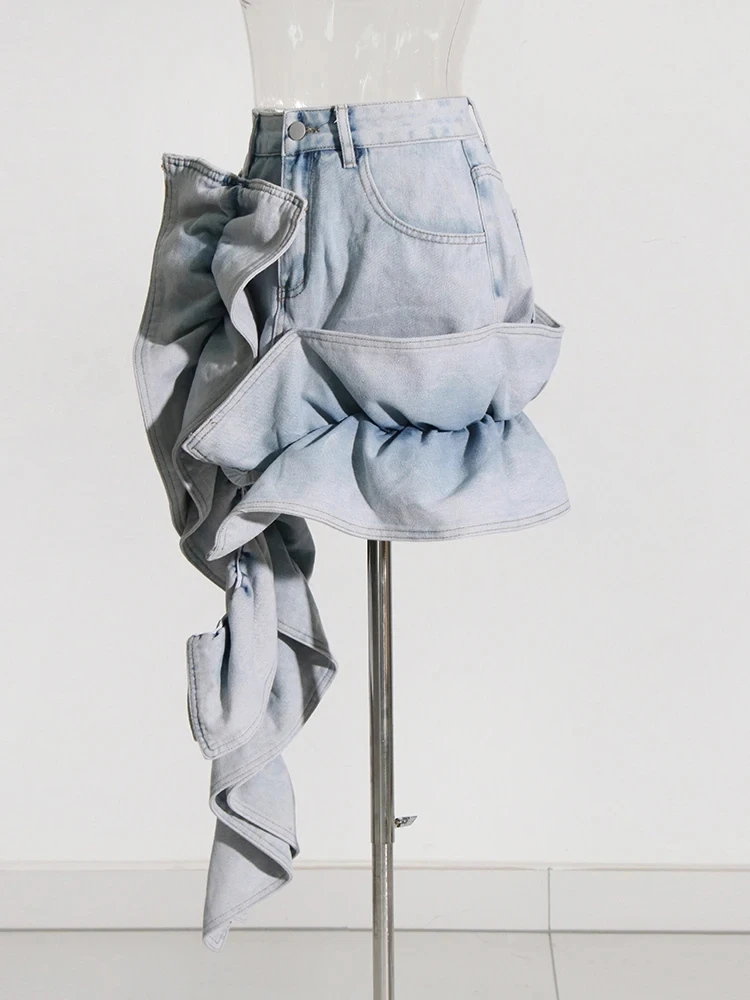 Юбка женская джинсовая Асимметричная с высокой талией и оборками