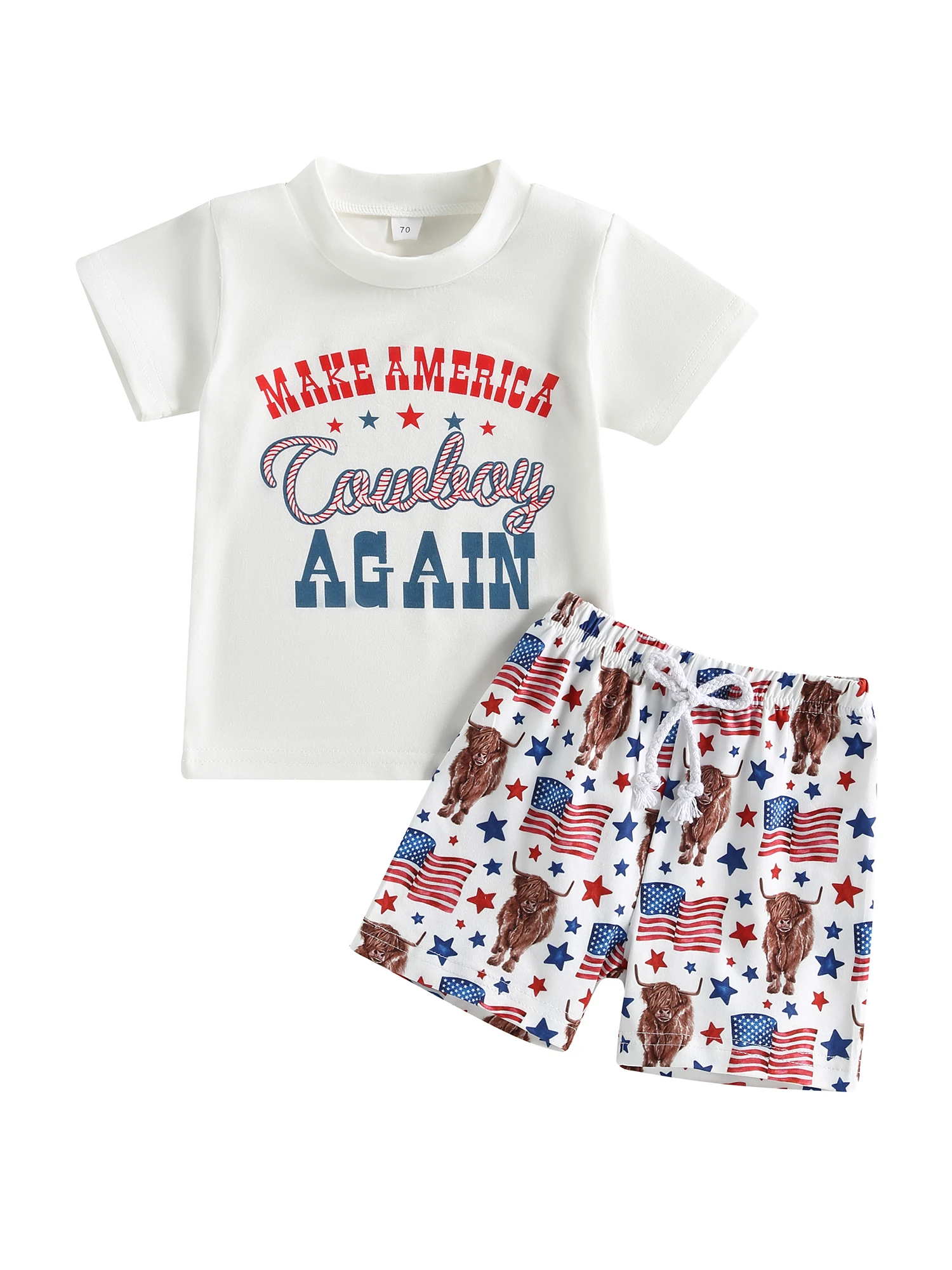 

4th of July Baby Boy Outfit Short Sleeve Letter T-Shirt Top Western Cattle Casual Shorts 2Pcs Summer Clothes Set