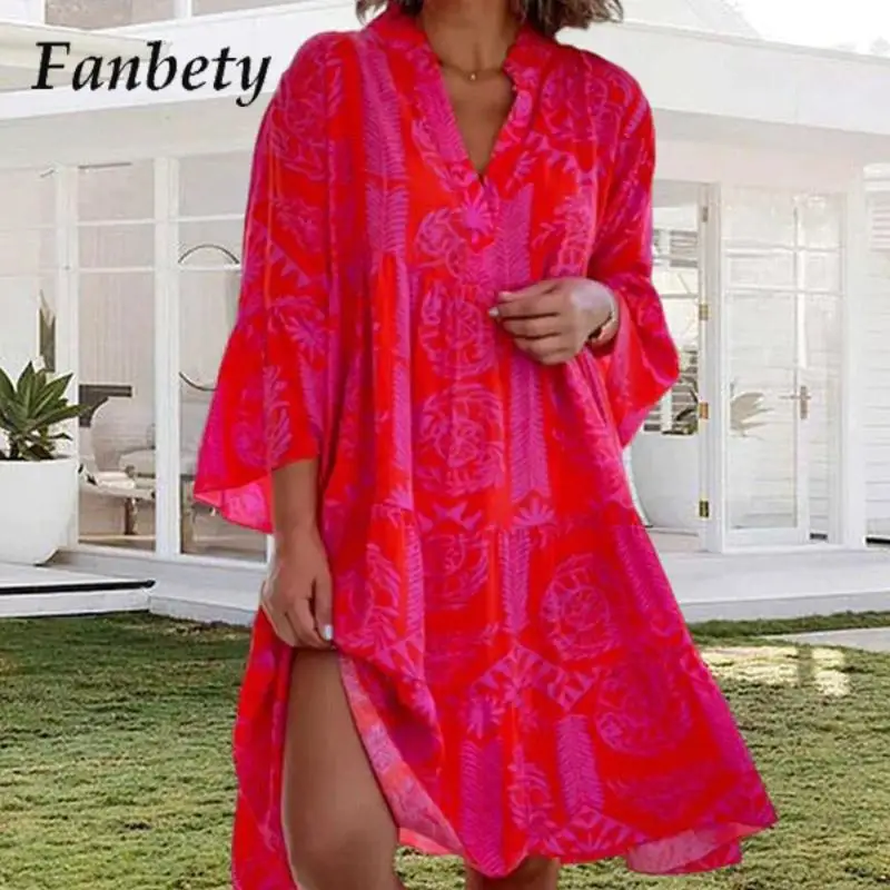 

Women Fashion Pattern Print Party Dress Summer Casual 3/4 Sleeve Midi Dress Office Ladies 2023 New Elegant V-Neck Dress Vestido